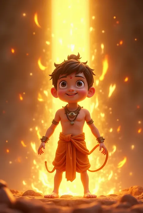 In cinematic 3d cartoon style "illustrate the gods blessing a revived young Hanuman with various divine boons, with golden light surrounding him, symbolizing his newfound strength and wisdom. The overall tone should be mythological, dynamic, and rich in de...