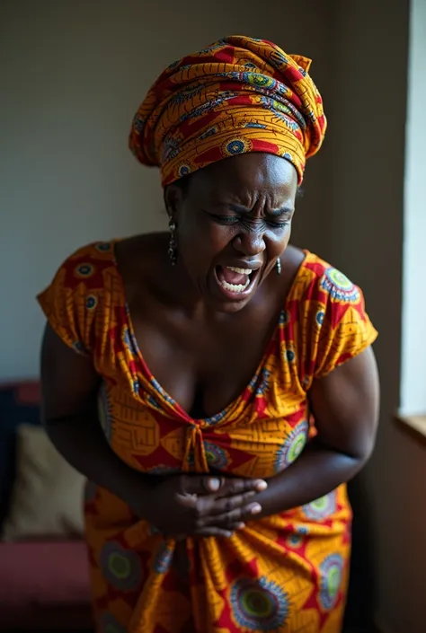 Image of a well dressed African lady crying and holding her stomach because of stomach pain 