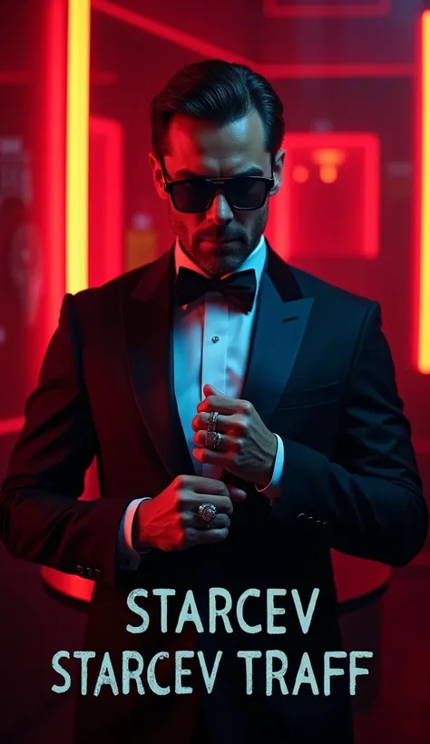 The image is a promotional poster in a dramatic and suspenseful style. It shows a man in a formal black suit and bow tie, wearing dark sunglasses. He has a light skin tone, correcting his cufflinks and showing off a few rings on his fingers. The background...