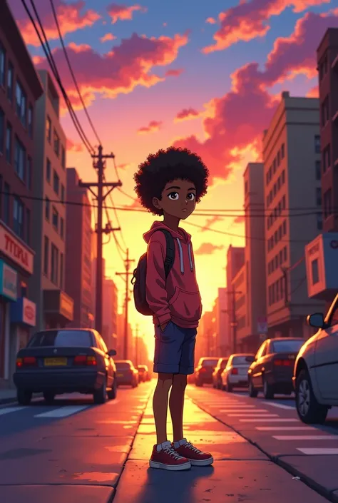  Anime manga of a 14-year-old black  in.  The street sunset  