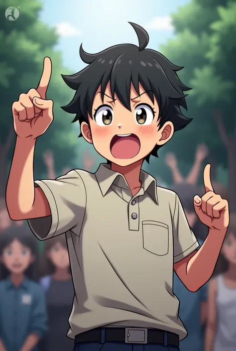 A boy giving his motivation dialogue one hand up and one finger point in air amine 