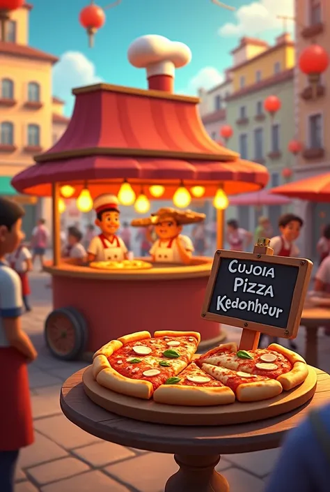 A pizzeria stand with a table and a sign written on it “luidgiz corona pizza Kedubonheur” and 2 pizza yolo with a toque dejanter