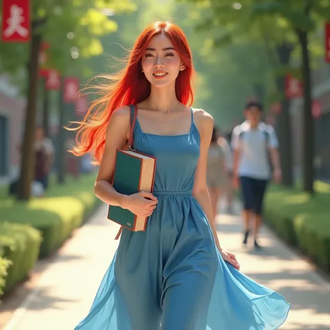 (best quality,4k,8k,highres,masterpiece:1.2),ultra-detailed, Chinese vixen spirit Su Daji from Fengshen Yanyi as a college student, red haired Chinese college student of Han decent, waking around campus, carrying books to and from classes, smiling flirtati...