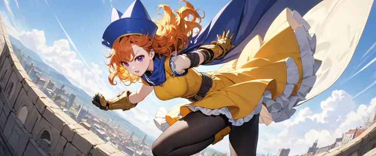  One girl , Alone, DQ4-Arena、 long hair、Purple eyes、 orange hair、 sleeveless 、 black pantyhose、 yellow dress、 yellow skirt、belt、Cape、 curly hair 、 gloves、((( gauntlet with fan)))、 dynamic pose、attack pose 、Big breasts、 blue headwear 、 boots、(Sparkling、Spar...