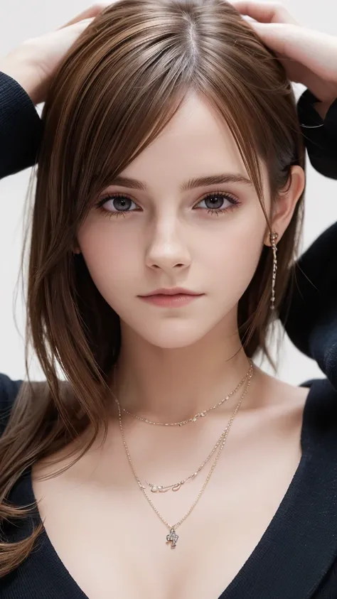 Emma Watson with a chain, (  Ultra Fine, 16k,   realistic , photograph,  highest image quality taken by Ki : 1.4, Drawn in detail), (  realistic な肌,   beautiful skin :1.3,  realistic な目)