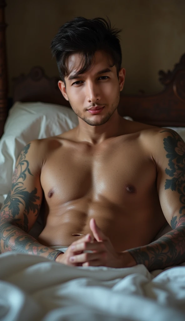 Self-Defense Forces　tattooed male　lying on bed doing Masturbation huge penis flushing face Completely naked　bed　Lower Body Thai　penis 若いmale　