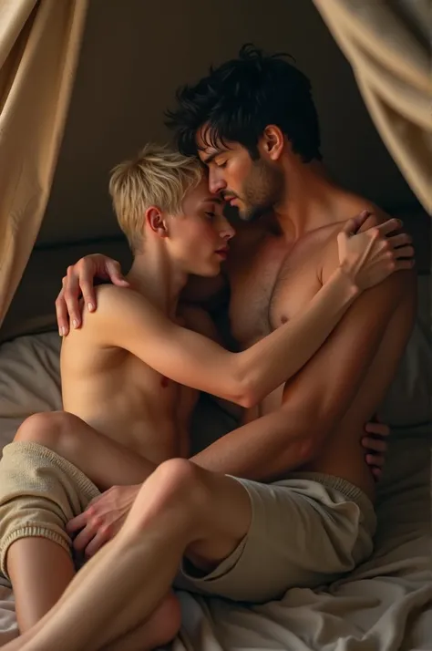  a blond prince with short hair ,  sitting on the lap of a man with short black hair,  are naked having sex on the bed , inside a tent  