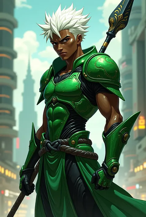 Anime style, black man, skinny, green armour With a spear , Full of details in the armor and scenery, contrast with green,white hair,city in background 