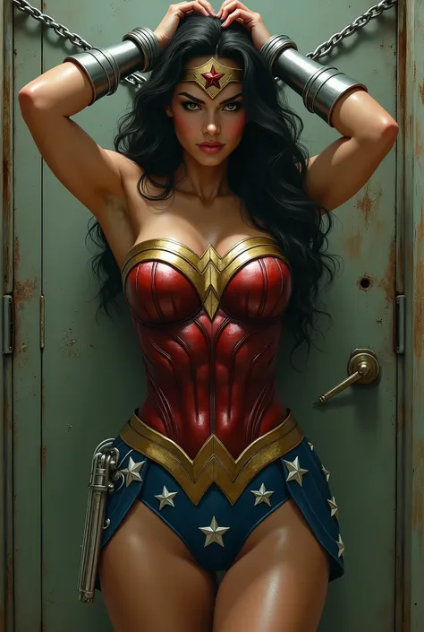 Wonder Woman sexy, hands tied above her head chained to a wall is held captive in an old building, large breasts standing half sideways sexy look