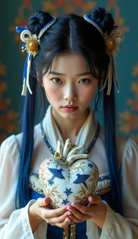 A beautiful 30 year old Victorian and sexy Korean woman with waist length blue long hair tied into intricate sections with blue and gold ribbons, she is wearing victorian styled clothing and is squating with legs apart holding an anatomical oblong heart, w...