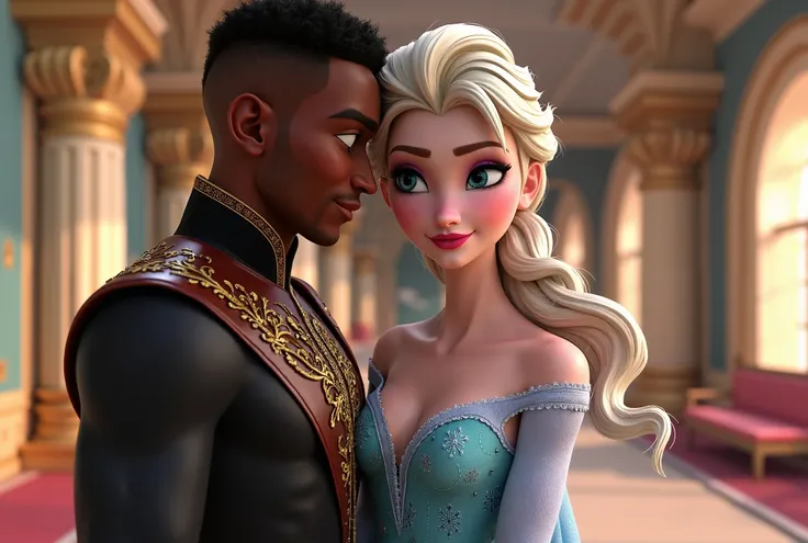 3d drawing Elsa Princess movie Frozen sexy with neckline and with an African boyfriend Prince, They are in a Palace 