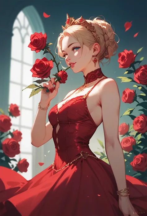 1 girl, solo,berasts,rose,red dress