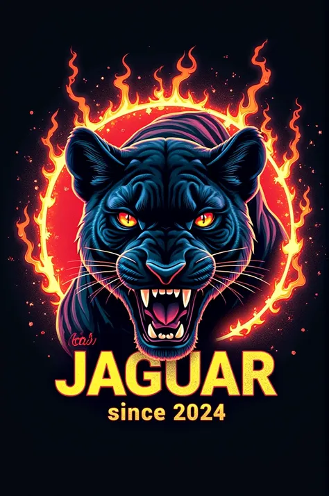 Create a bold and dark circular shield logo with the Wild jaguar name and also with the name since 2024, with bold and dark letters , the very detailed image of a panther , very detailed and street-style . Details in intertwined flames, fires, and electric...