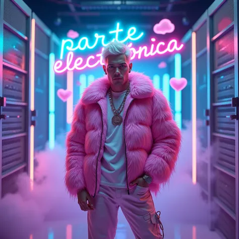 8k image ., male rapper , white hair , , blurred , background is neon high-tech server room in the future , pink feather jacket outfit , guy standing posing very cool and attractive behind a large image ,

vivid 8k of the name "Parte Electrónica" written i...