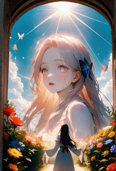 (woman(student, , ＪＫ,  long hair,  colorful eyes,  blue-white skin，)  looking up at the sky), ( lots of butterflies flying in the sky ), Beautiful sky, summer， colorful flowers blooming everywhere々, Mysterious and dreamy ,Big Tree，quality(8k,CG wallpaper, ...