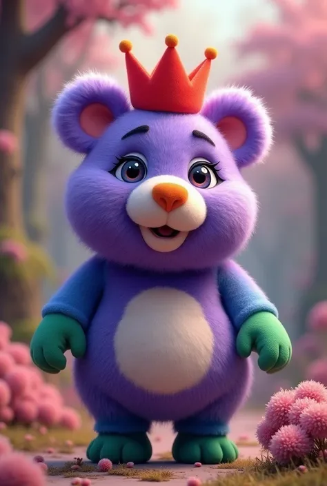 A cute purple bear, with red crown and orange nose and green hands. It has four blue legs, its legs are like the sheeps legs. 