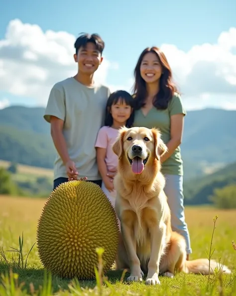 Realistic photography style. Front view, sunny and well lit, Taiwanese family of three standing in a field with a huge ripe yellow durian in front of them. They are all smiling brightly and contentedly, with nice smiles, looking very friendly and approacha...