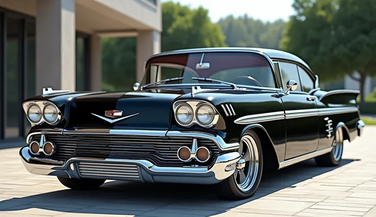 "A fully detailed and photorealistic image of a 1958 Chevrolet Impala, showcasing its iconic design with chrome accents and dual headlights. The car should be presented in a glossy black finish. Create views from multiple angles, including front, back, sid...