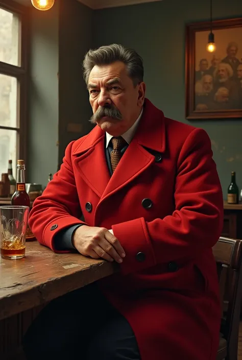 Create an image of Stalin in a red and machiable overcoat chatting at a vintage bar table