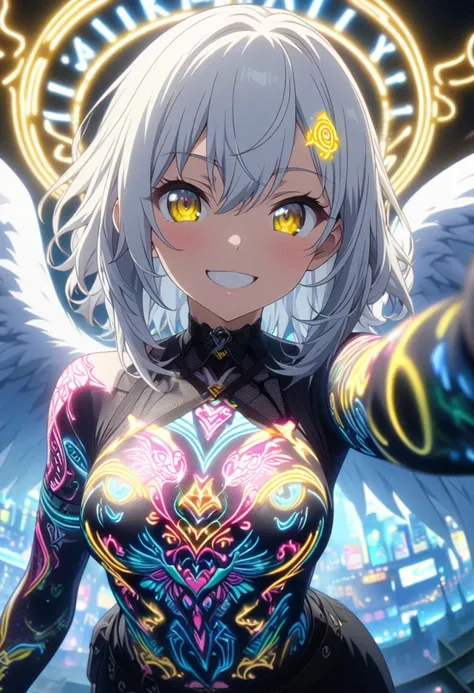 masterpiece,  top quality ,  High Definition CG Unity 8K Wallpaper ,  One Girl ,  Anime Screenshot , Neon tattoo all over body , Big wings of neon lights,  best smile ,  depth of field , White Hair,  yellow eyes,  fisheye lens