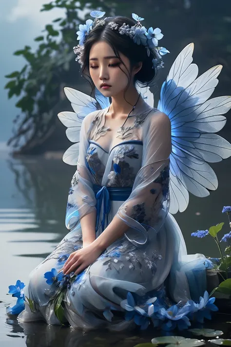 a very beautiful Korean female angel has wide, large, intricate wings that almost cover her body, wearing a dress made of beautiful blue flowers, sitting on her knees lamenting deep sadness beside a misty lake