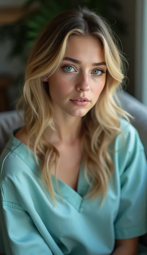 Woman in medical gown, sexy girl with blue eyes, Sophie Mudd portrait, Corinna Kopf portrait, blonde wavy hair and big eyes, selfies of young woman, eyes in Violet Myers club, no makeup, looking straight into camera, face with Artgram, subtle makeup, stunn...