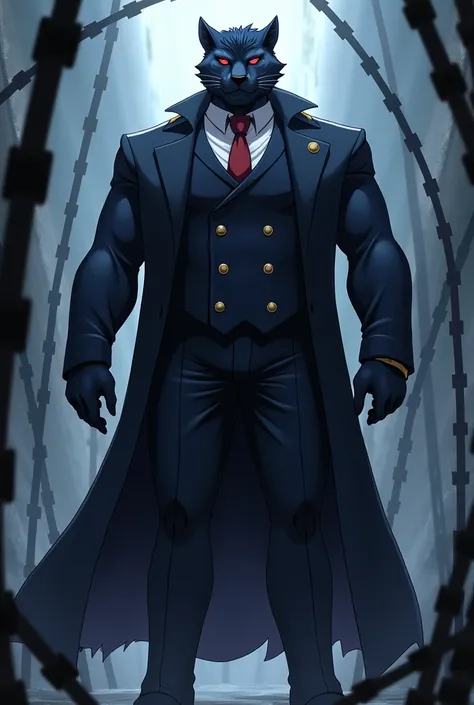 William the Furry panther male ,  anthropomorphic panther furry , dark blue fur,  dark blue hair well combed to the side, Ojos rojos, muscular, Serious, commanders suit , long dark trench coat , dark pants,  black gloves, emperor, gloomy atmosphere, Anime ...