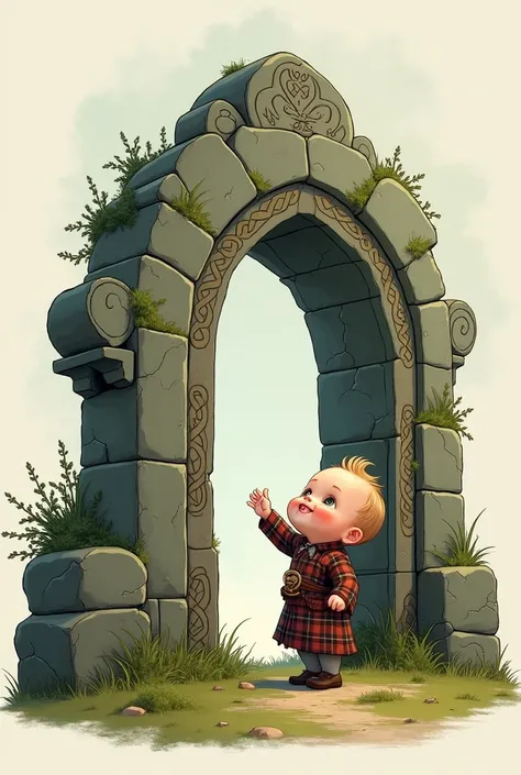 Create an image of a drawing of a Scottish baby touching a large Stonegate-style magic rock, image without background
