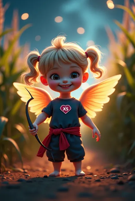 image of ghostly pale cute baby girl cupid, smiling cutely, blonde hair in ponytails, wearing dark blue shirt & pants with red cloth wrapped at hip. with diamond shape logo on chest with letter "XS" inside. cute wings.flying around while shooting from cute...