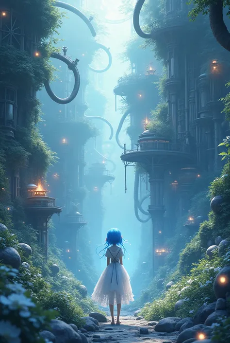 Dream steampunk dreamlike anime surreal RPG scenery, blue hair