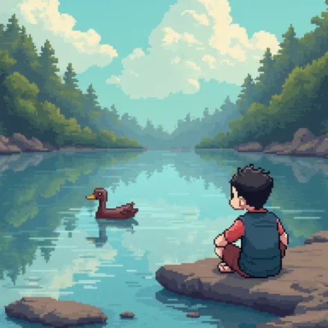  The pixelated character sitting on the edge of a lake, with a duck swimming in the background .