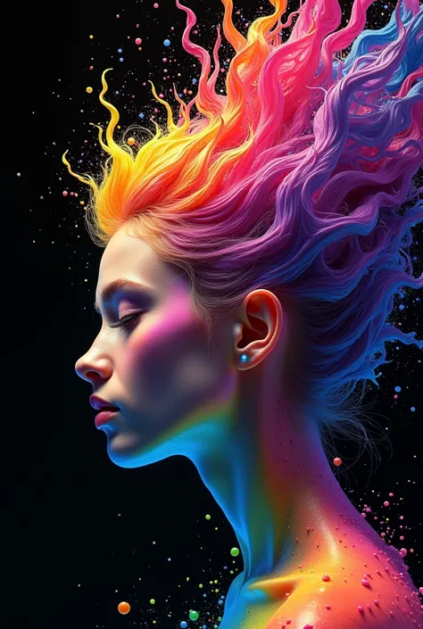 masterpiece, splash art, colorful, colorful splash art, reduce、Scattered paint painting, magician, beautiful girl，Stylized abstract portrait of beautiful girl rainbow hair realistic picture high quality ultra wide UHD 32k black background