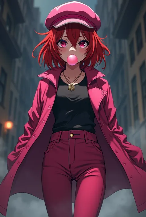 Anime  girl, Red hair, long jacket, long loose pants and a hat, full of style, pink and white ,serius and tense expression,bubblegum,Dark circles and dark colors