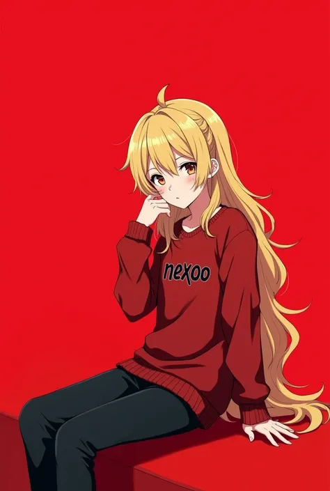 Do you want a profile picture with my girlfriend can you make the background bright red and a young anime boy who is sitting there has red sweater and black pants on and on his sweater should have nexoo on it he hag curls and a red string and next to it is...