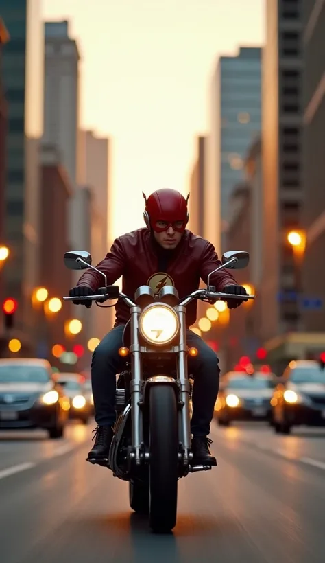 The Flash, wearing a casual jacket and helmet, races through the city streets on a sleek Uber motorcycle. His red helmet subtly mimics his iconic speedster look, while his jacket and jeans are simple yet practical for a ride. He zips past traffic effortles...