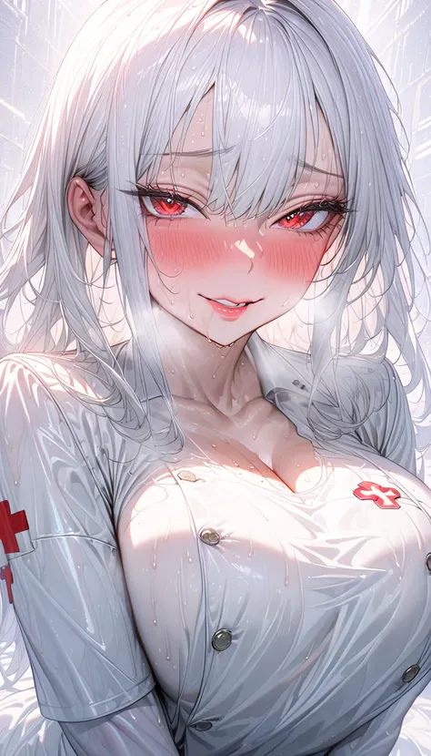 (Beautiful Girl:1.3), Glitter effect, glossy lips, (silvery white hair, long hair), red eyes, nurses uniform, nurse working in hospital, white nurses uniform, big breasts, big round ass, sitting pose, embarrassed, blushing, leaning forward, looking up, til...