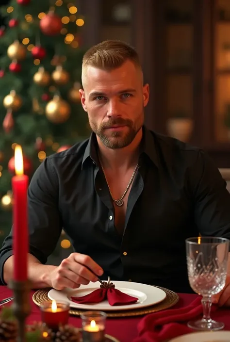 tanned white man , cabelo loiro buzzcut,  Blue Eyes ,shaped beard, Natural makeup , fitness, muscular,  Sophisticated black dress shirt with buttons, Fine silver necklace ,  Sitting at a beautifully decorated Christmas dinner table features a red theme ,  ...