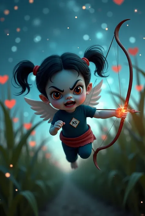 image of ghostly pale cute baby girl cupid, angry eye but cutely, black hair in ponytails, wearing dark blue shirt & pants with red cloth wrapped at hip. with diamond shape logo on chest with letter "XS" inside. cute wings.flying around while shooting from...