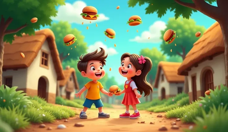 Muddy village around the green trees burger rain with two friends happy 2d animation shape cartoon 