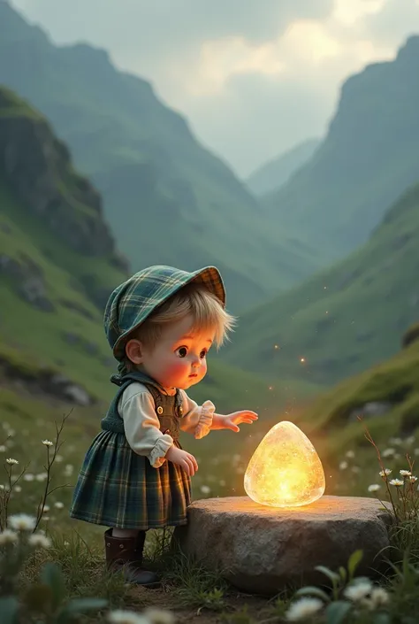 Create an image from a drawing create an image of a kawaii drawing of a Scottish baby girl touching a magic rock in the Outlander style series, bottomless png image 
