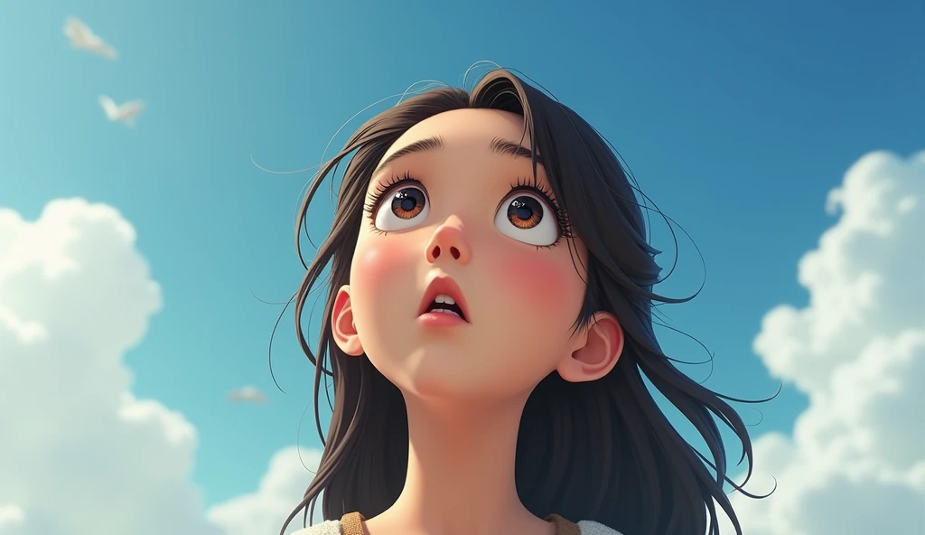 a  (Lucas)  looking up to the sky with an astonished expression on her face.