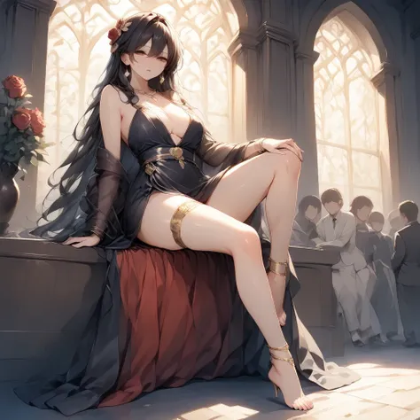 (( top quality )), ((masterpiece)), ( Details), 1 adult female, One person,  beauty, Full body painting, Disgust, Estrus, Godly Poses ,  black hair, Red lipstick, barefoot,  fashionable clothes, luxury,  elegant , noble,  see-through, thigh leg ring,  Red ...