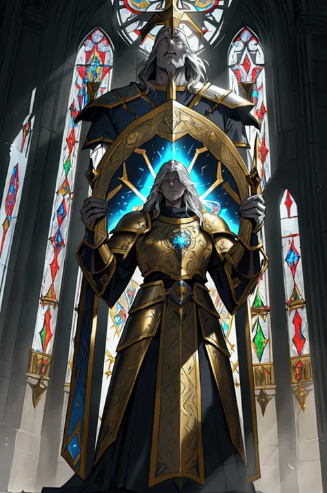 "Create a medieval fantasy paladin inspired by the World of Warcraft art style. The paladin is a towering and noble figure clad in radiant, gold-and-silver armor adorned with intricate holy symbols and glowing runes. He wields a massive warhammer with a gl...