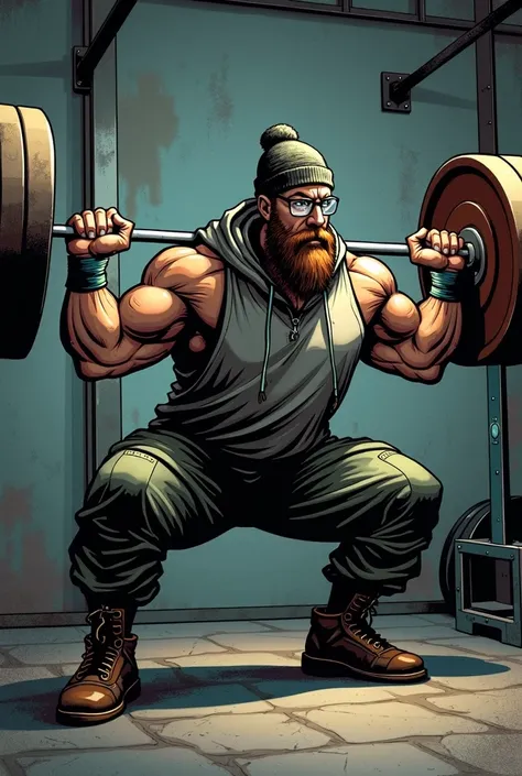  squat, barbell,Gym, training event,Bearded,Glasses, skinhead,Beanie, hoodie, cargo pants, musculoskeletal々,American comic book style