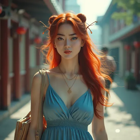 (best quality,4k,8k,highres,masterpiece:1.2),ultra-detailed, Chinese vixen spirit Su Daji from Fengshen Yanyi as a college student, red haired Chinese college student of Han decent, waking around college campus, carrying text books to and from classrooms, ...