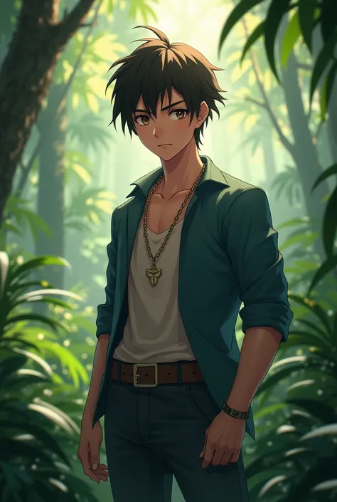 Ai anime handsome chracter boy bavkground in jungle