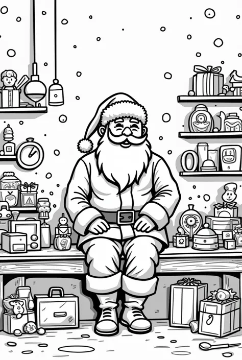 Create for. me simple thick black and white drawing line of size 8.5x 11 inches for my colouring book for s between 3 to s :Santa surrounded by toys on his workbench.
