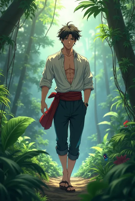 Handsome anime boy in jungle
