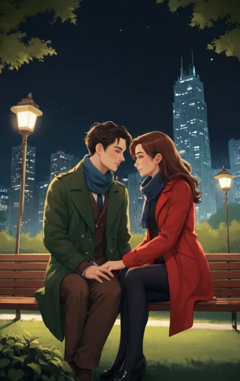 The image shows a young couple sitting on a bench in a park. The man is on the left side of the image, wearing a dark green coat and a dark navy blue scarf. He has dark black hair and is looking down at the woman with a smile on his face. The woman is wear...