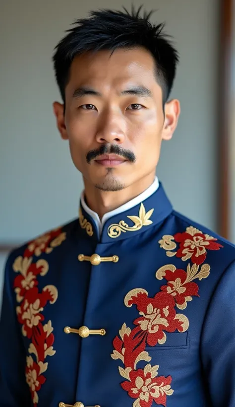  Asian man, 30 years old, short hair, thin mustache , wearing a blue suit with red gold Thai embroidery , Inside wearing a white Chinese collar, gold buttons ,  background is a gray-white room masterpiece.,  anatomically correct,  High Resolution ,  realis...